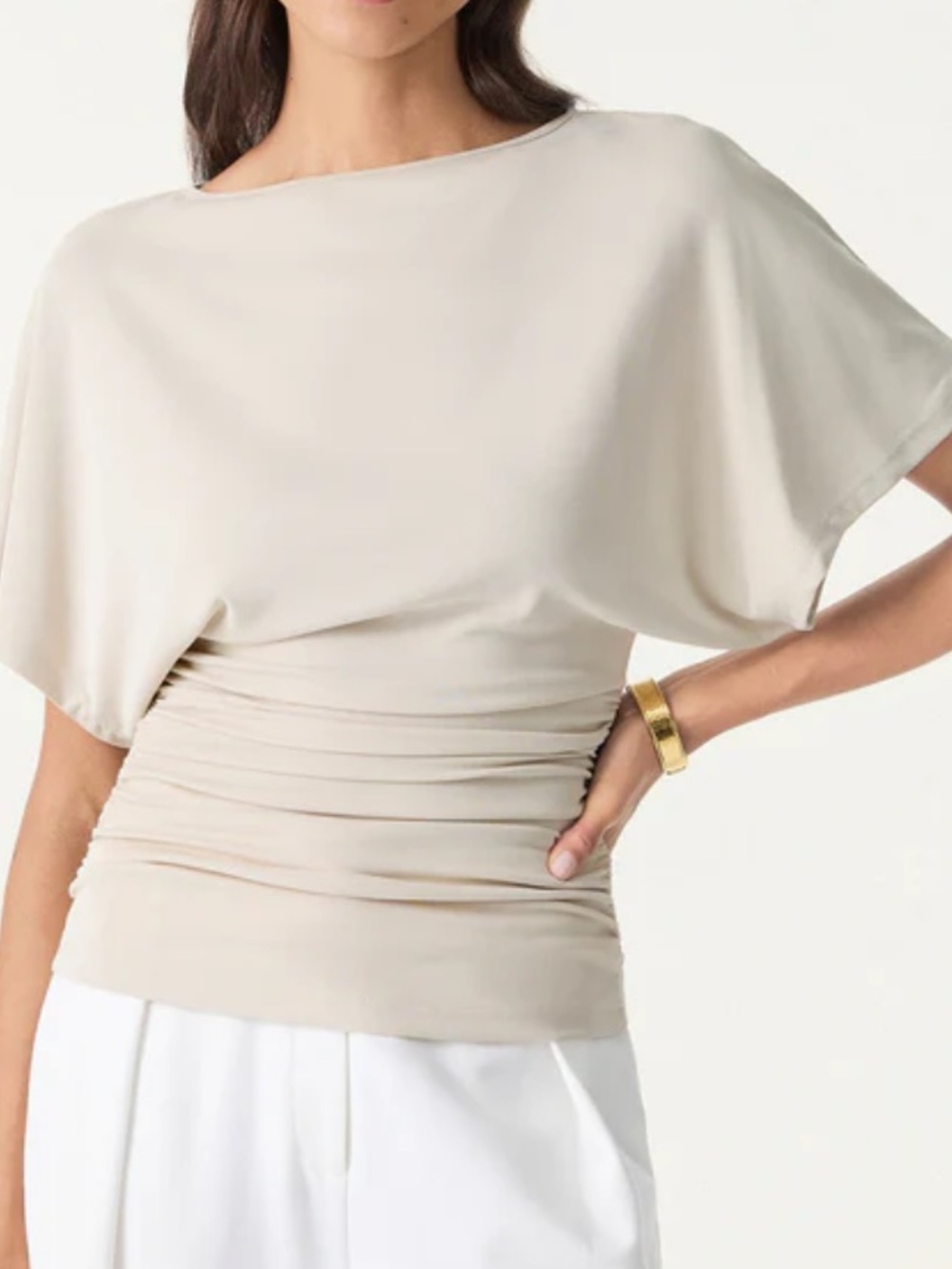 Effortless Boatneck Batwing Sleeve Side Ruched Top